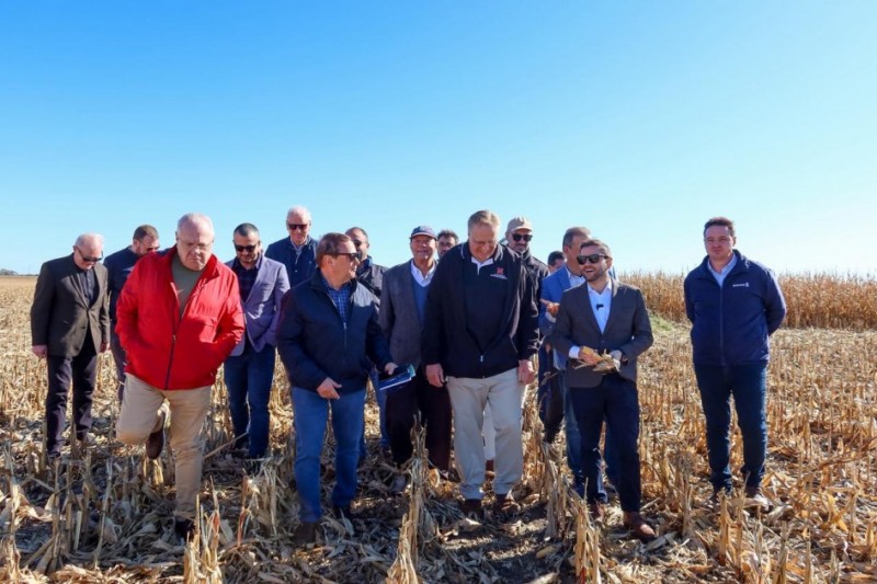 Uma foto externa de um grupo de cerca de 15 homens caminhando em um campo agrícola colhido, com o céu azul e claro ao fundo. O campo está coberto por restolho seco (palha e talos de milho, por exemplo) de cor marrom-amarelada. Os homens, que parecem ser uma comitiva em visita, estão vestidos com roupas casuais e agasalhos (casacos, jaquetas e blazers), adequadas para clima frio. Um homem em primeiro plano, à esquerda, usa uma jaqueta vermelha brilhante. O homem mais à frente e ao centro usa uma jaqueta preta. Outro homem à direita, de blazer e óculos escuros, parece estar explicando ou guiando. A imagem sugere que a comitiva está visitando o local de pesquisa no campo, possivelmente o mesmo onde está a torre de medição de carbono da foto anterior.
