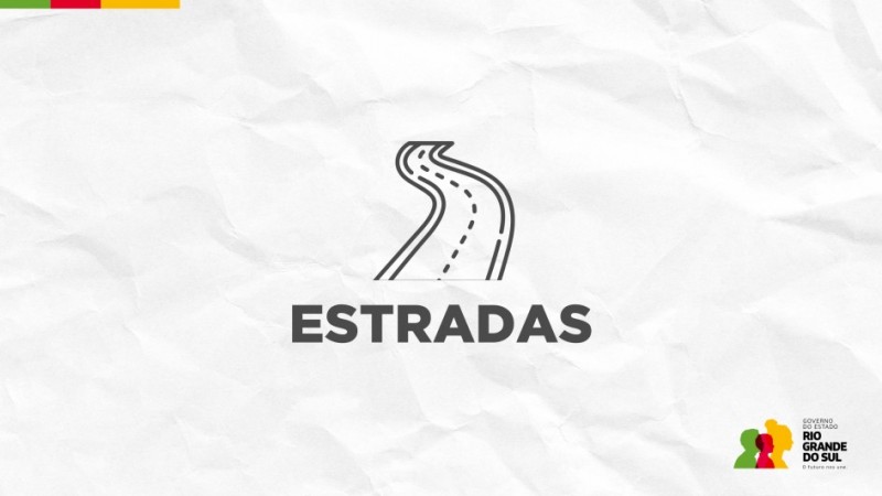 Card com fundo branco, simulando papel amassado. No meio, l&ecirc;-se "Estradas" sob um &iacute;cone de uma estrada. No canto inferior direito, a logo do governo do Estado.