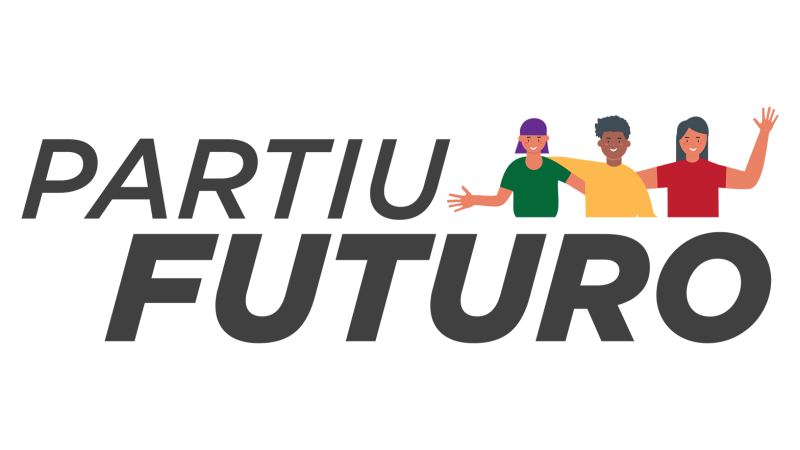 Logo do programa Partiu Futuro. Partiu aparece escrito na parte de cima, em caixa alta. Do lado, tr&ecirc;s jovens usando camisetas com as cores do RS (verde, amarelo e vermelho) se abra&ccedil;am. Logo abaixo, l&ecirc;-se futuro, tamb&eacute;m em caixa alta e negrito.