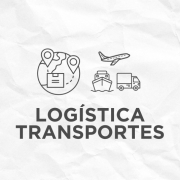 Card no qual diz "Log&iacute;stica Transportes" sobre um fundo branco que simula papel amassado. Logo acima tem &iacute;cones de ve&iacute;culos, como avi&atilde;o, barco, caminh&atilde;o, e um mapamundi com linhas que conectam pontos do globo. no canto superior esquerdo, tem umas linhas com as cores do RS: verde, vermelho e amarelo. No canto inferior direito, v&ecirc;-se a logomarca do governo do Estado.