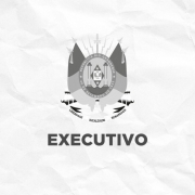 Card com fundo branco que simula papel amassado. No centro, v&ecirc;-se o bras&atilde;o do Rio Grande do Sul em tons de cinza. Abaixo dele, l&ecirc;-se "EXECUTIVO". No canto superior esquerdo, h&aacute; uma linha horizontal na margem, com as cores do Rio Grande do Sul: verde, vermelho e amarelo. No canto inferior direito, consta a logo do governo do Estado, que &eacute; composto por tr&ecirc;s silhuetas humanas sobrepostas, nas cores verde, vermelho e amarelo. Ao lado das siluetas, l&ecirc;-se em letras pretas: "GOVERNO DO ESTADO RIO GRANDE DO SUL. O futuro nos une."